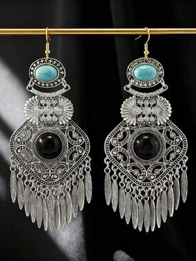 Handmade Vintage Stone Tassel Drop Earrings